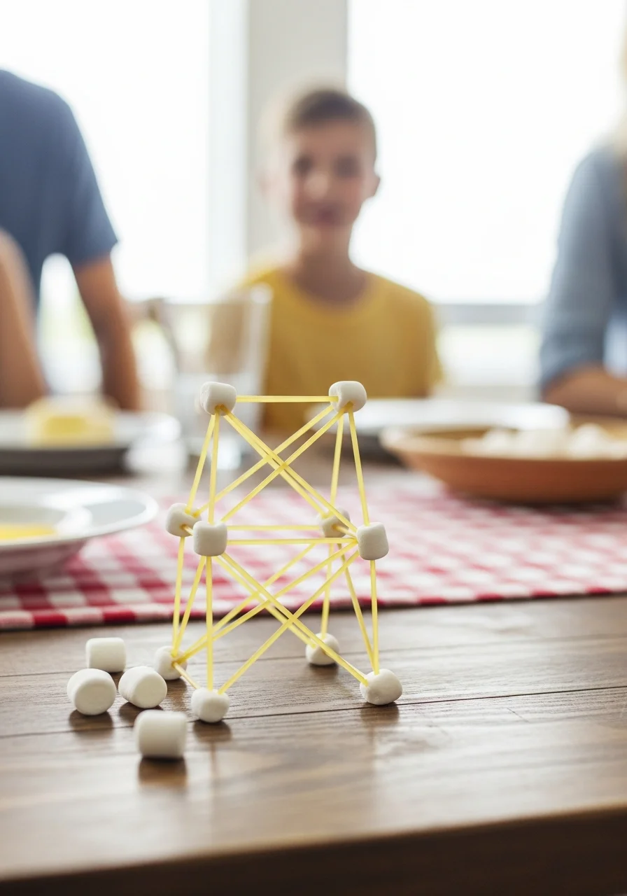 A spaghetti and marshmallow tower on a wooden table.