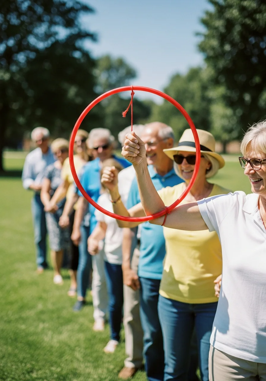A hula hoop being passed along a chain of people holding hands.
