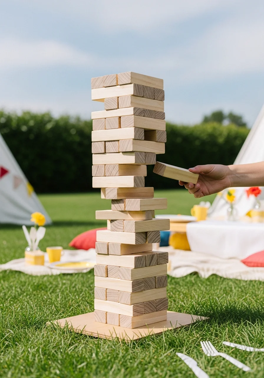 A giant wooden block tower standing on a lawn.