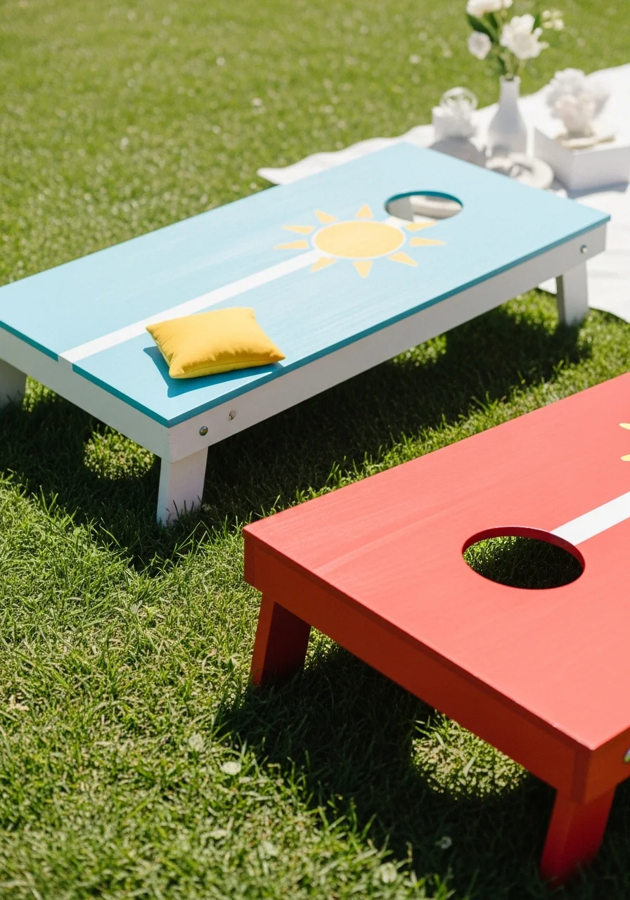 Blue and red cornhole boards with a yellow bean bag.