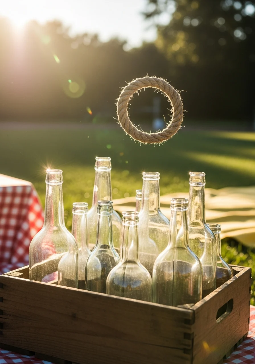 A ring toss game with bottles in a wooden crate.