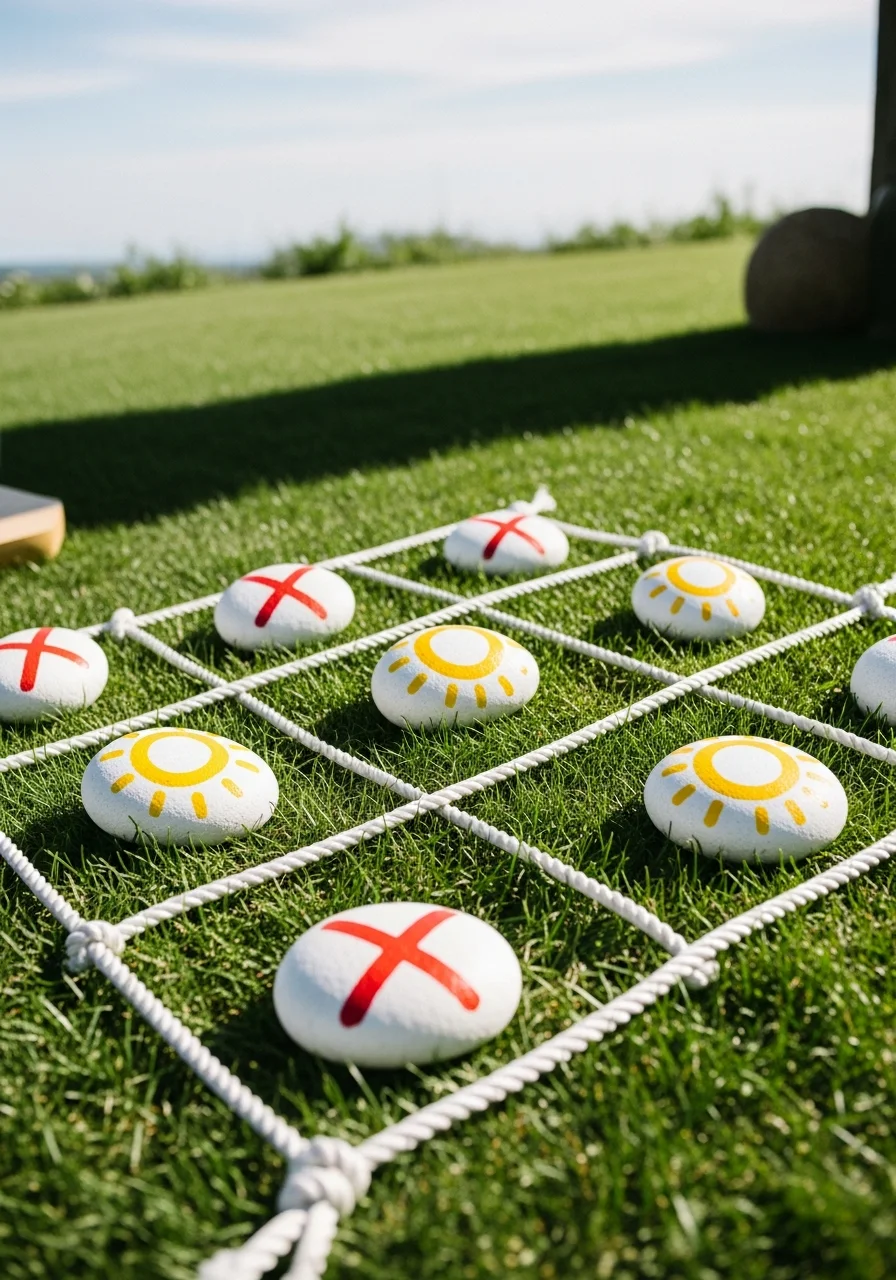 A giant tic-tac-toe game on the grass using rope and painted rocks.