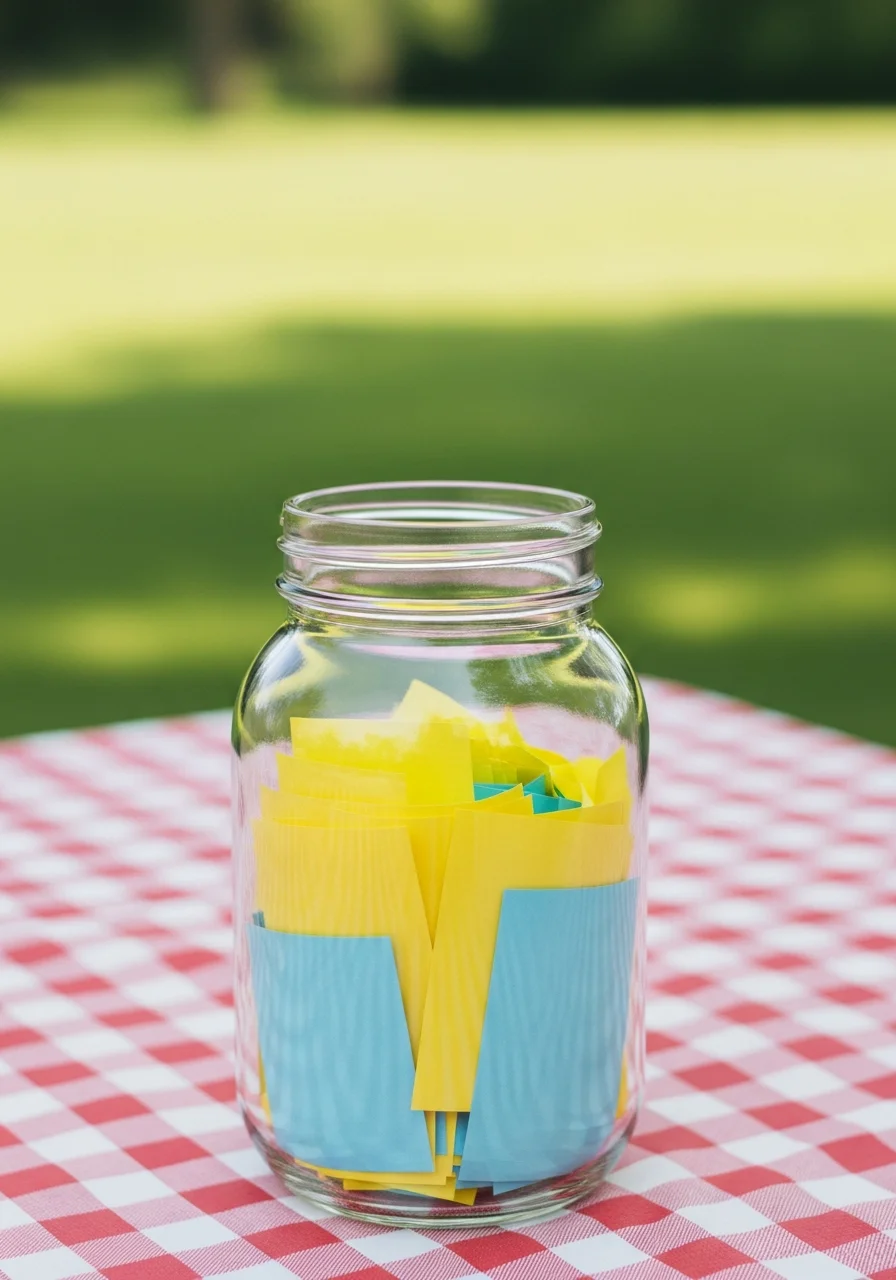 A glass jar filled with colorful paper slips on a wooden table.