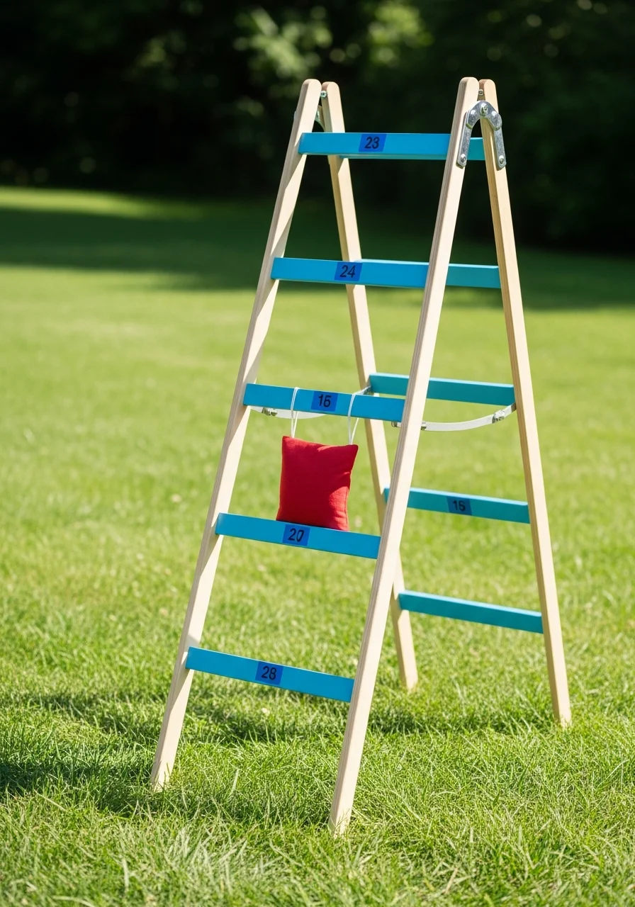 A wooden ladder used as a bean bag toss game with point values on the rungs.