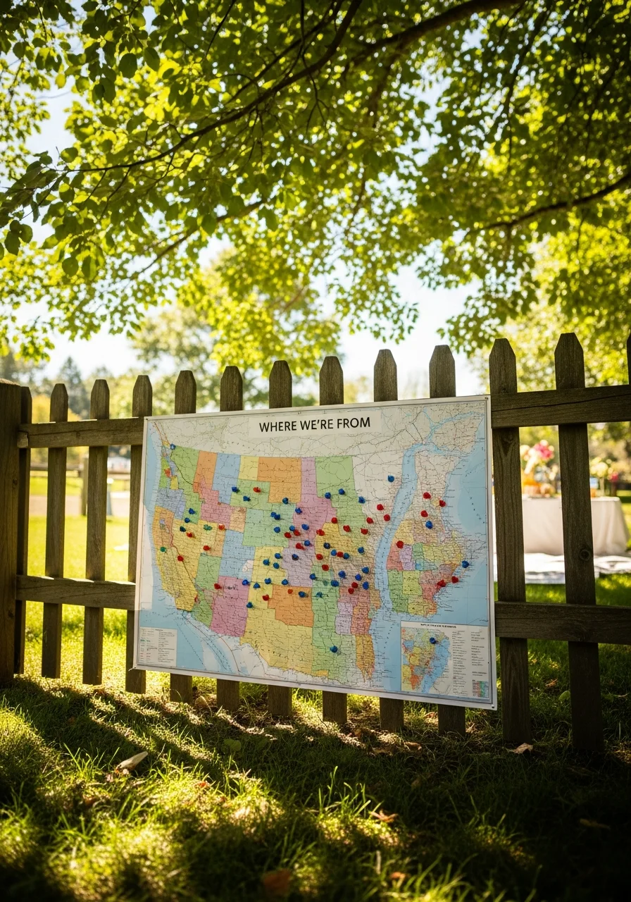 A map with colorful pushpins displayed on a fence in a park.