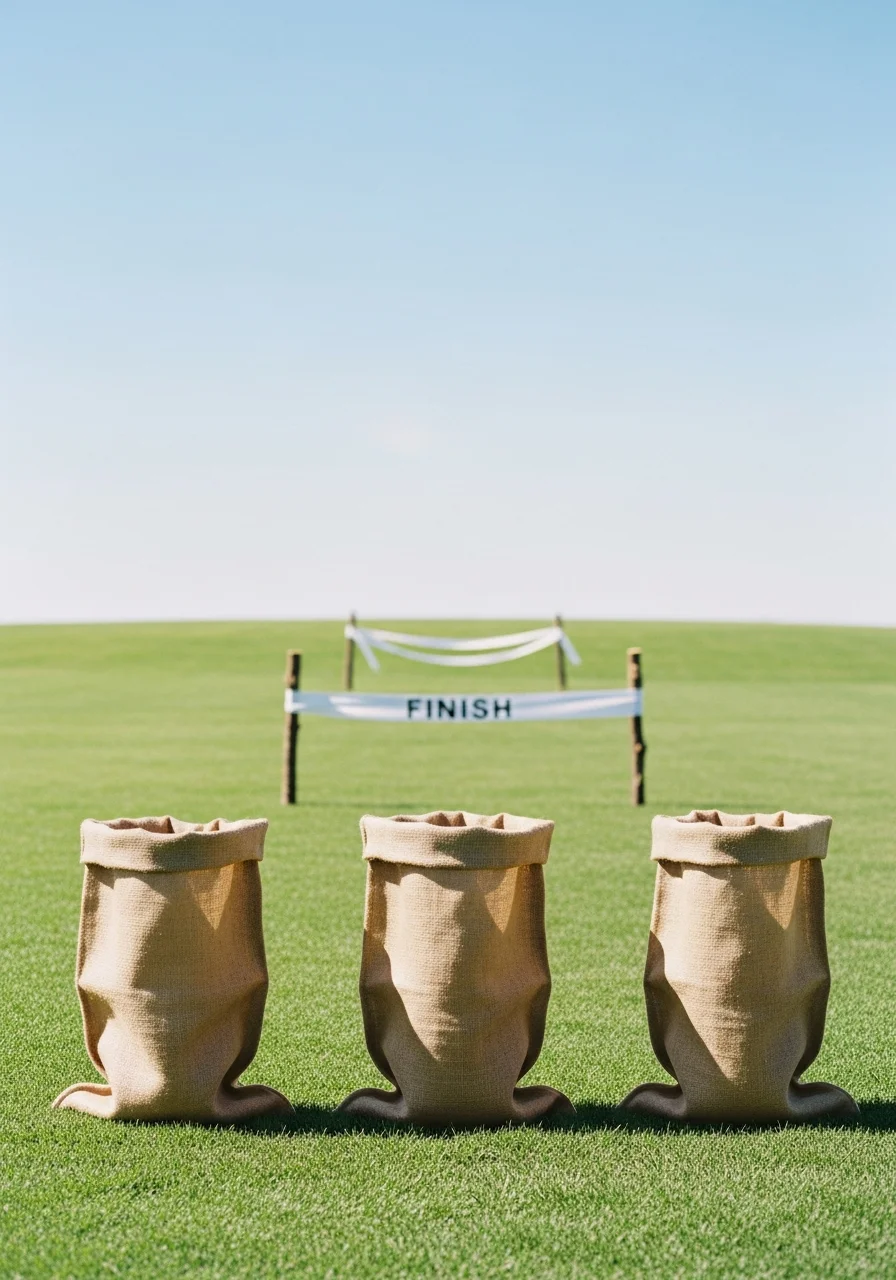 Burlap sacks on a green lawn ready for a race.
