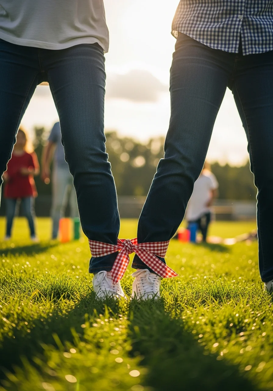 Two people with their legs tied together for a three-legged race.