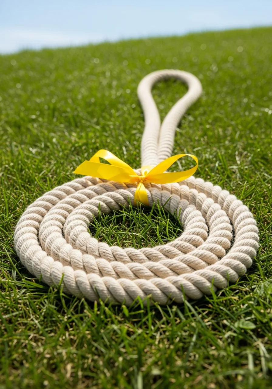 A heavy cotton rope with a yellow ribbon center marker on the grass.