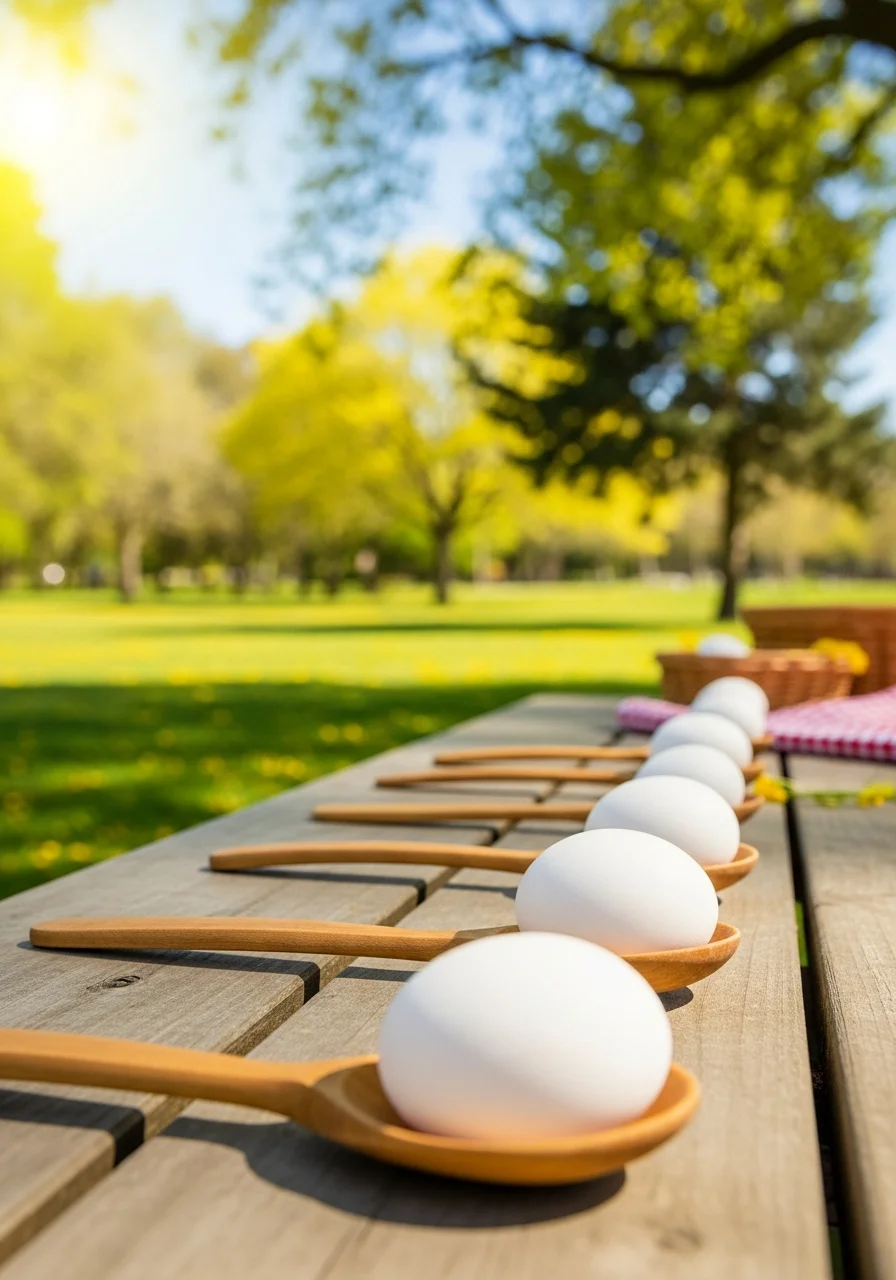 Eggs balanced on wooden spoons lined up for a race.