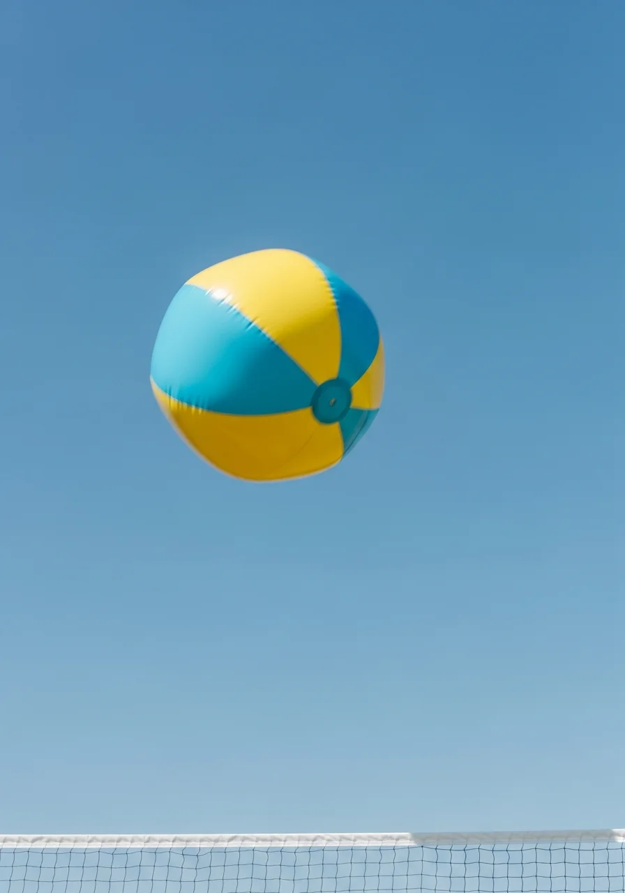 A colorful beach ball in the air over a volleyball net.