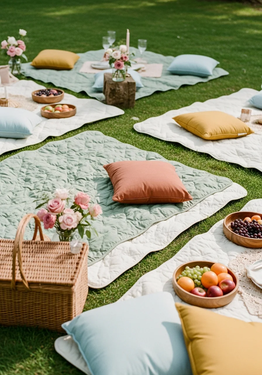 A peaceful outdoor picnic setup with sage green blankets and a wooden basket on grass.
