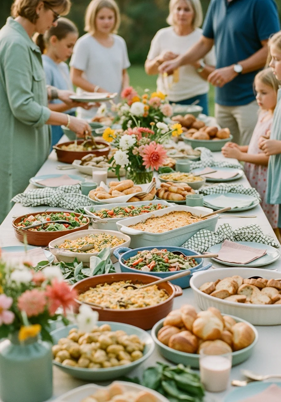 A diverse potluck buffet table with various ceramic serving bowls.