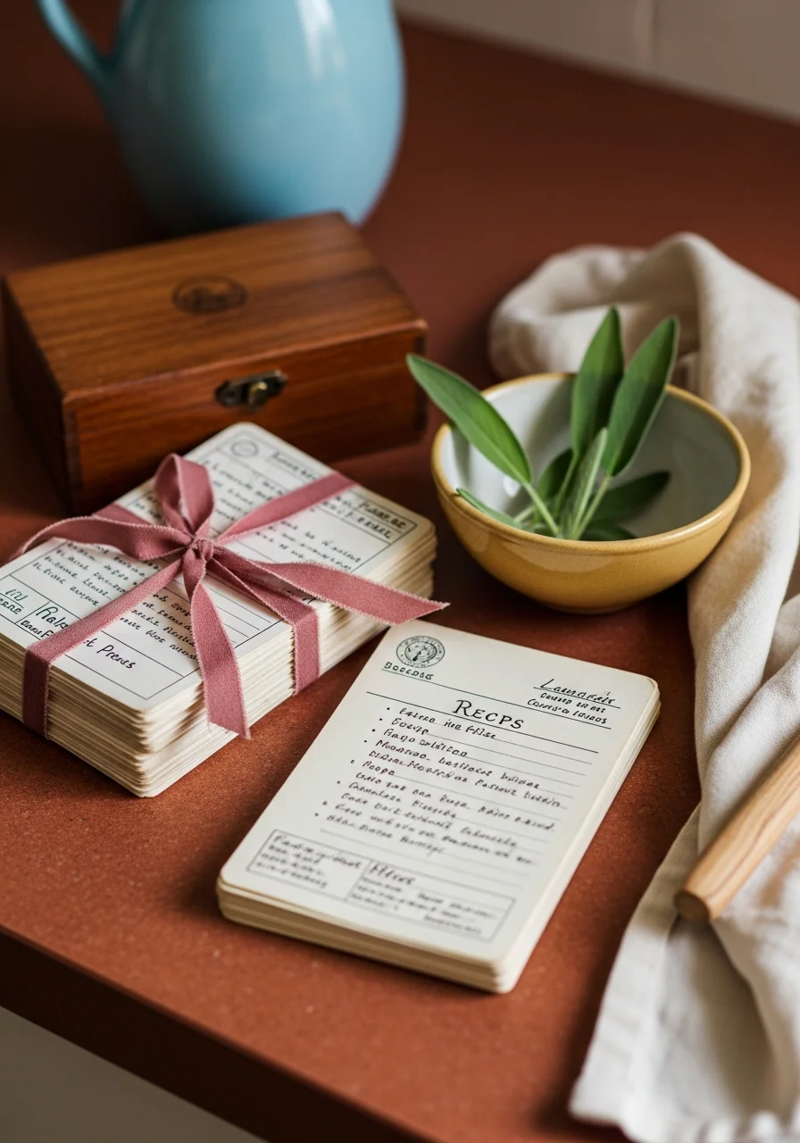 Handwritten recipe cards and a wooden storage box on a kitchen counter.