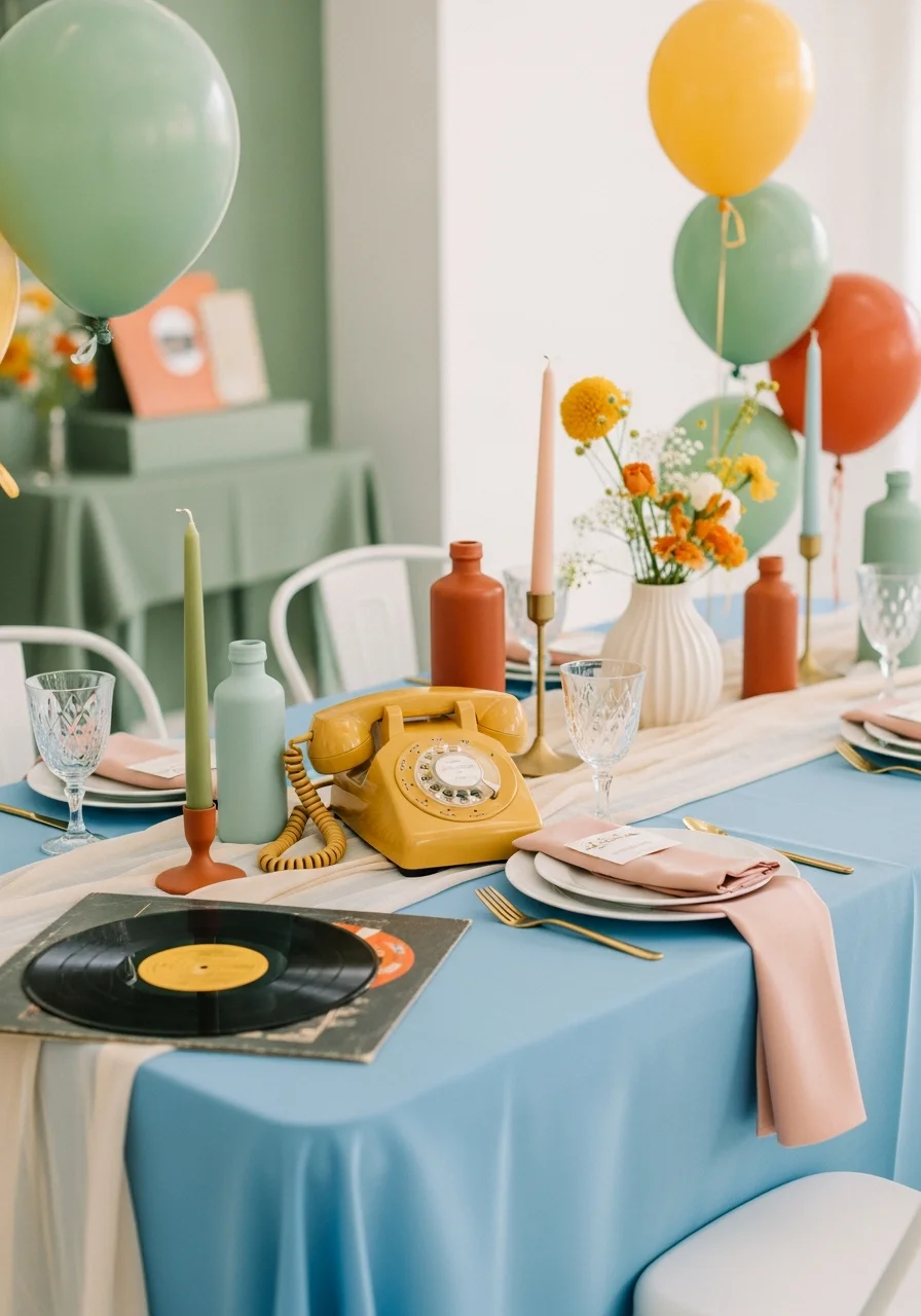 A themed party table with retro decor including records and a vintage phone.