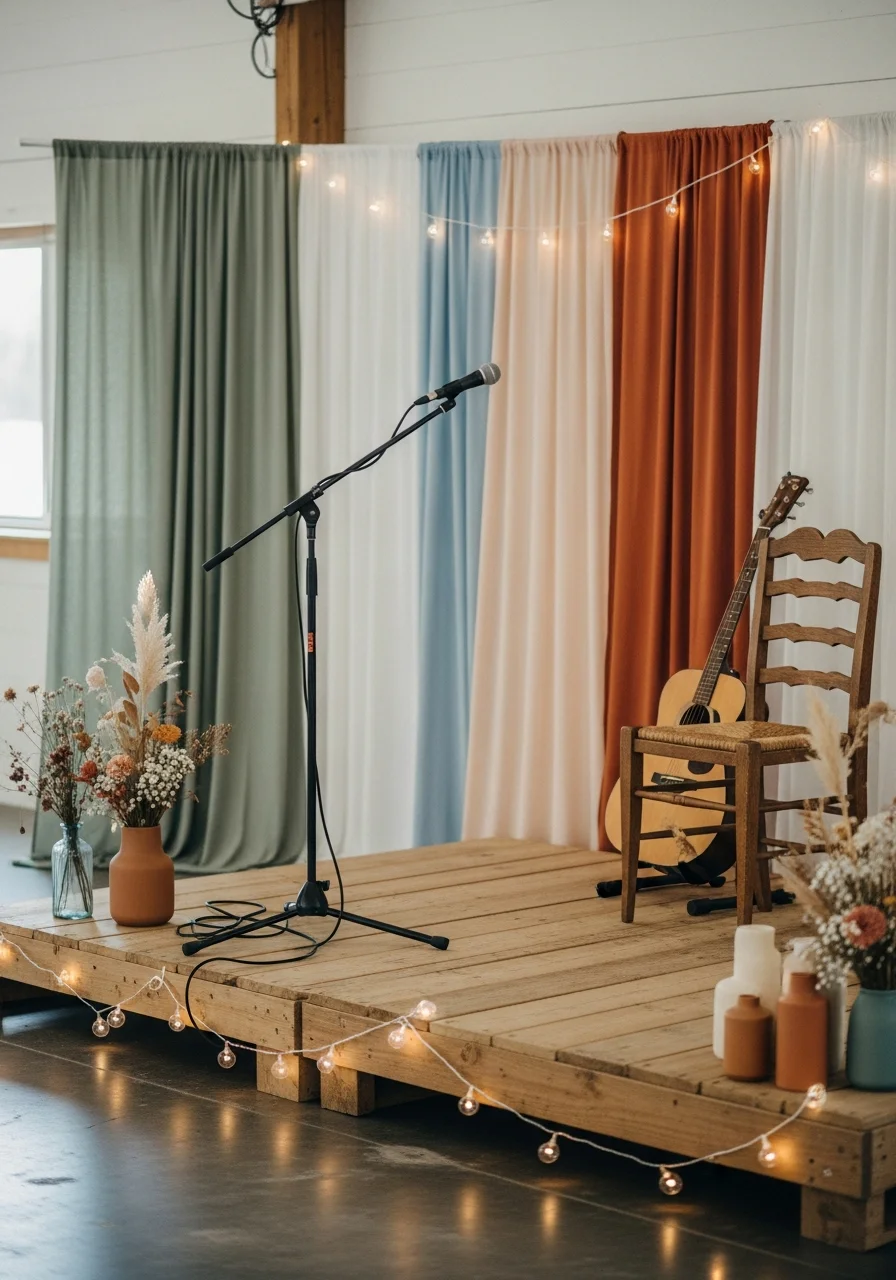 A simple outdoor stage with string lights and a microphone.