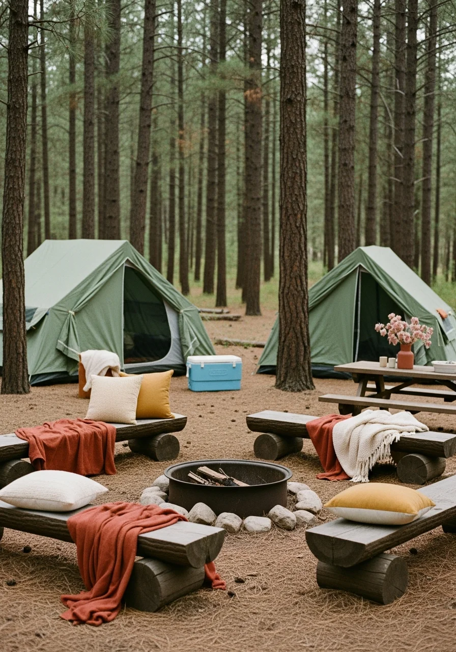 A forest campsite with tents and a central fire pit area.