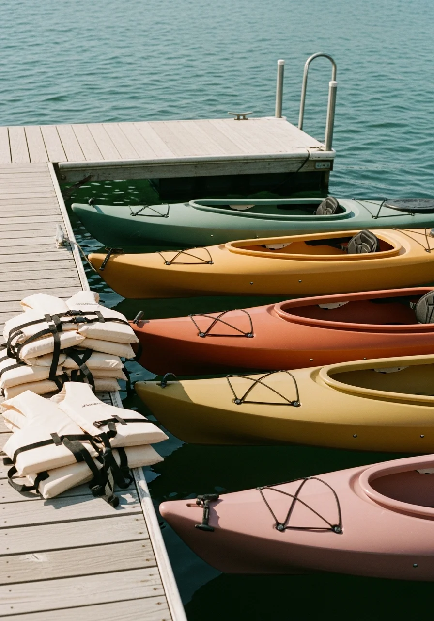 A lake dock with kayaks and water safety gear on a sunny day.