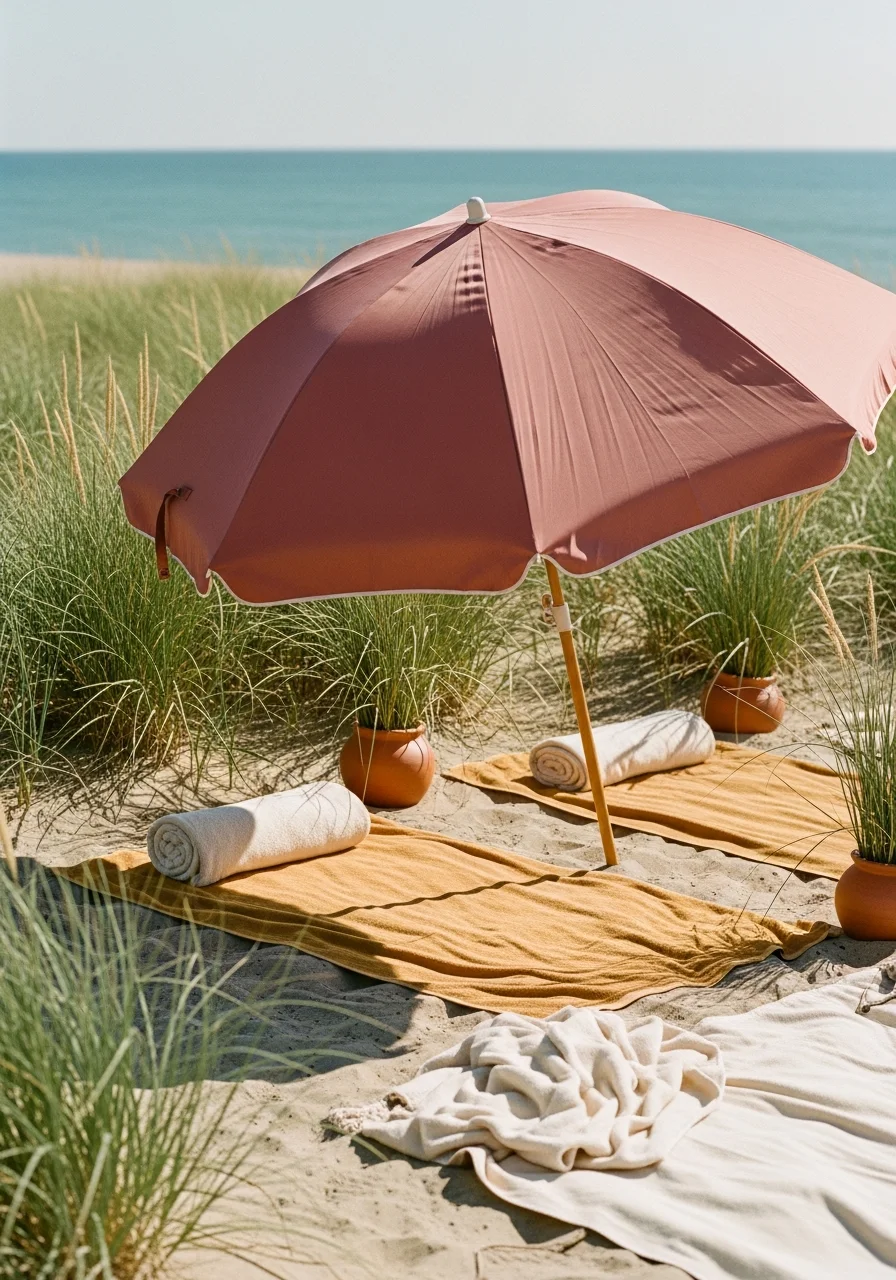 A beach scene with a large umbrella and towels on the sand.