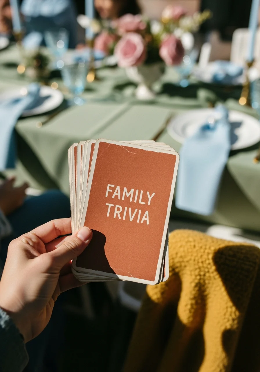 Hand holding trivia cards for a family history game.