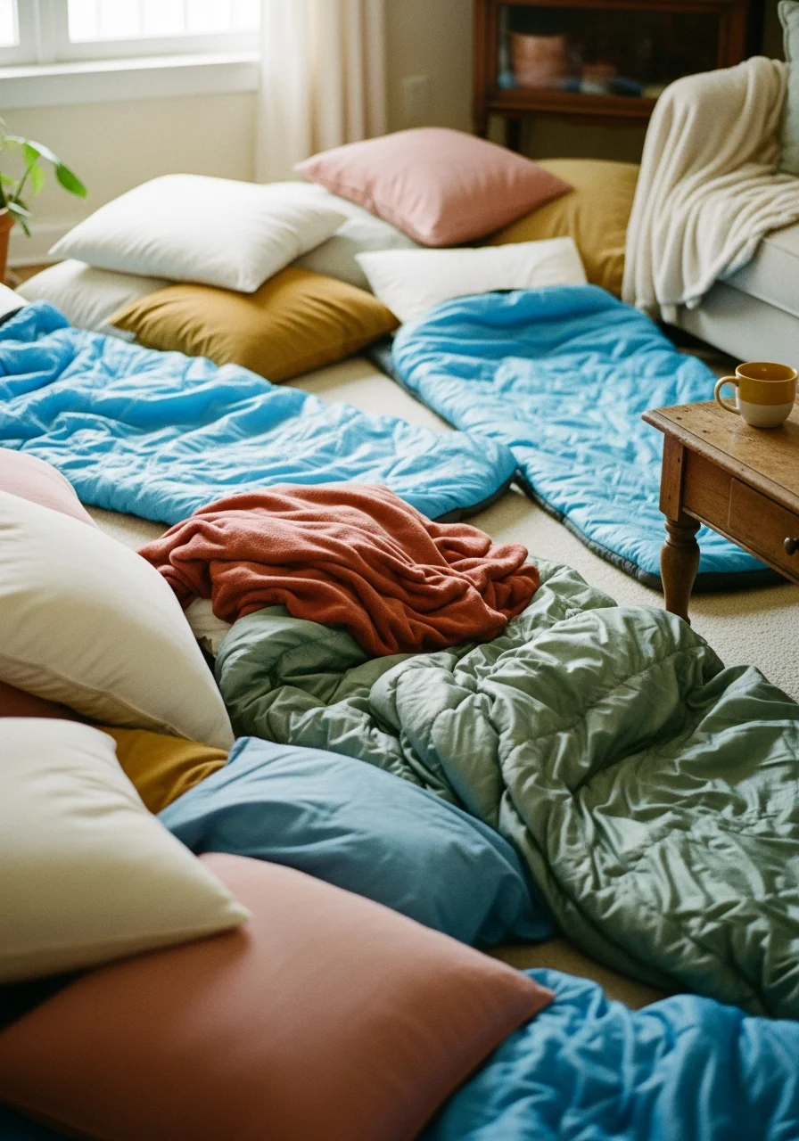 Sleeping bags and pillows arranged on a living room floor for a sleepover.