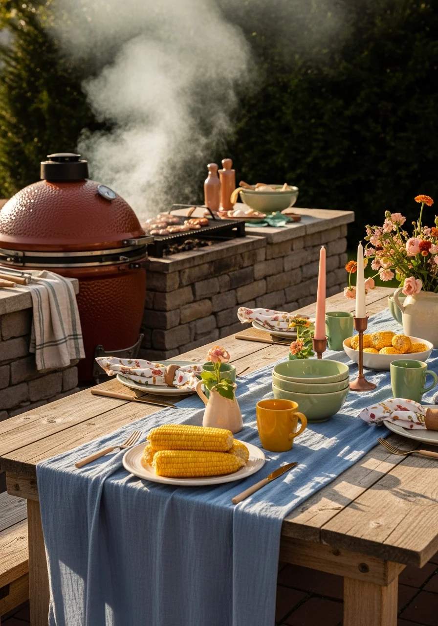 A backyard barbecue scene with grilled food and a sky blue table runner.