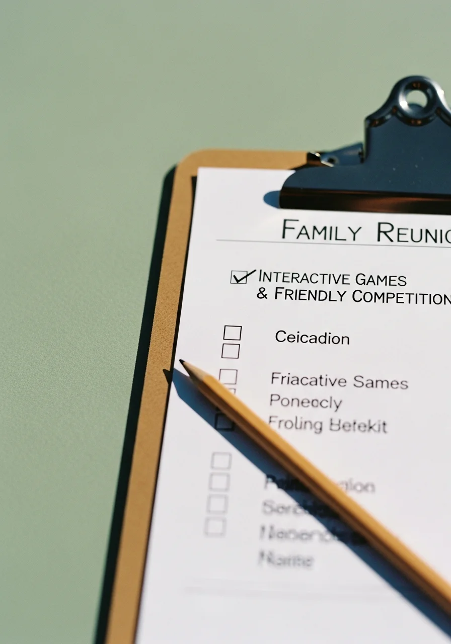A scavenger hunt checklist on a clipboard with a wooden pencil.