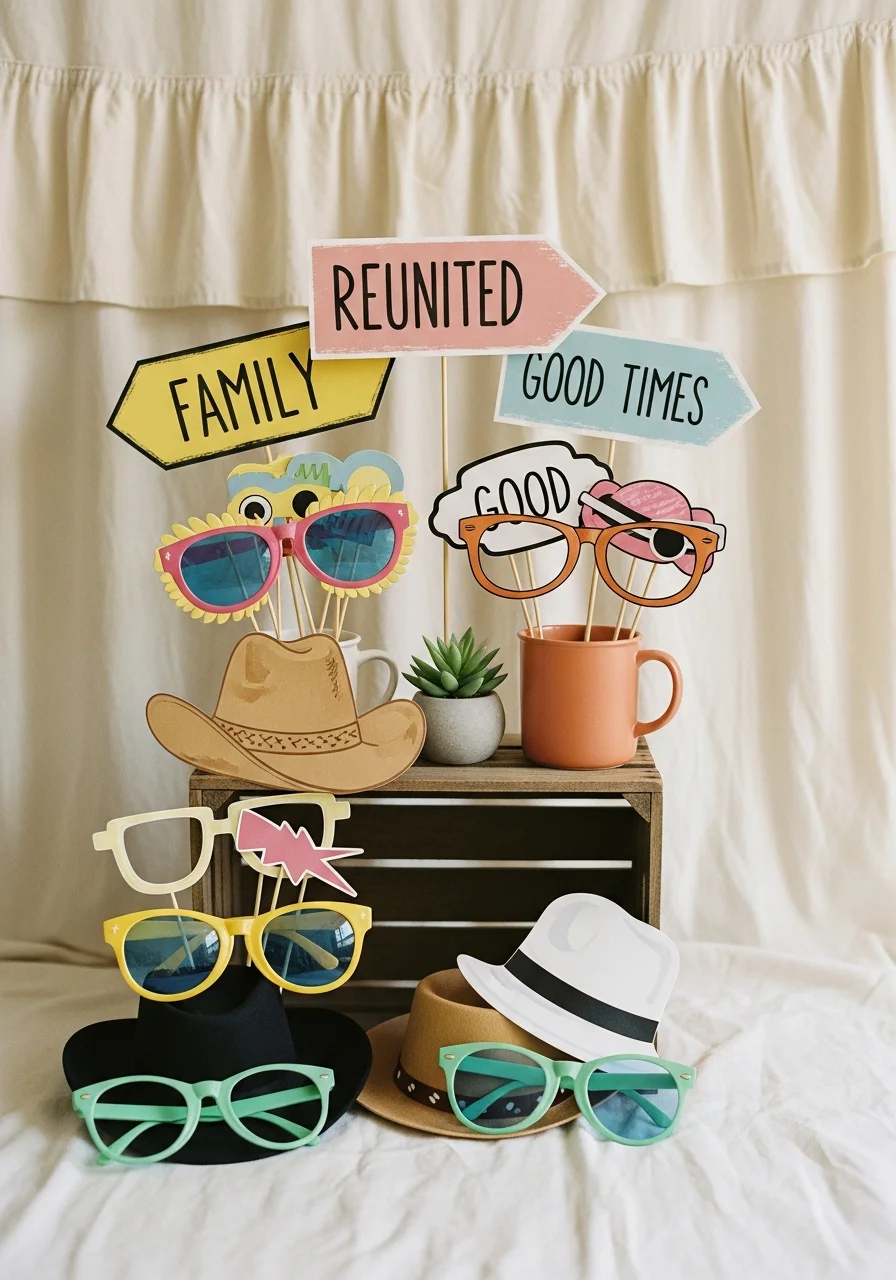 A photo booth area with a fabric backdrop and a crate of fun props.
