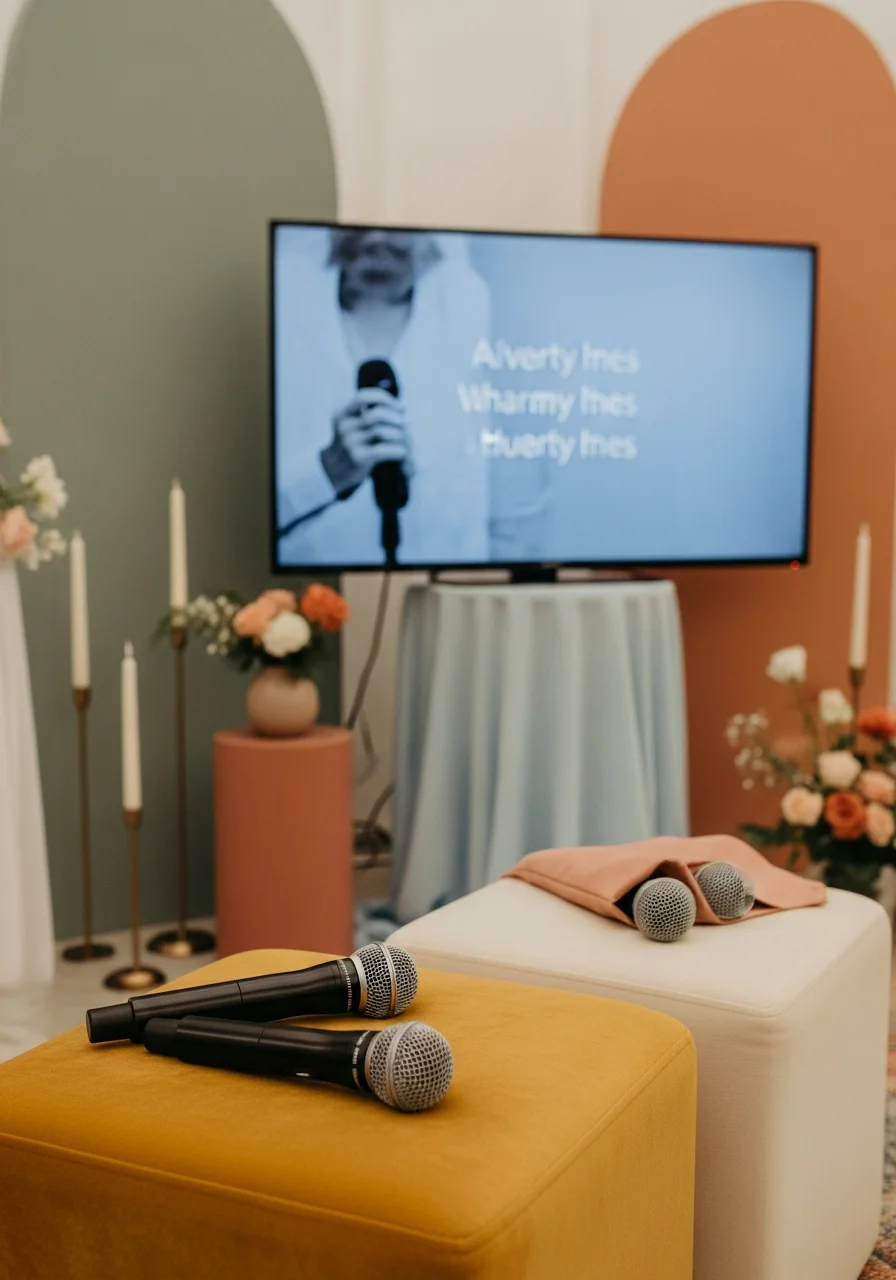 Microphones and a screen ready for a karaoke session in a living room.
