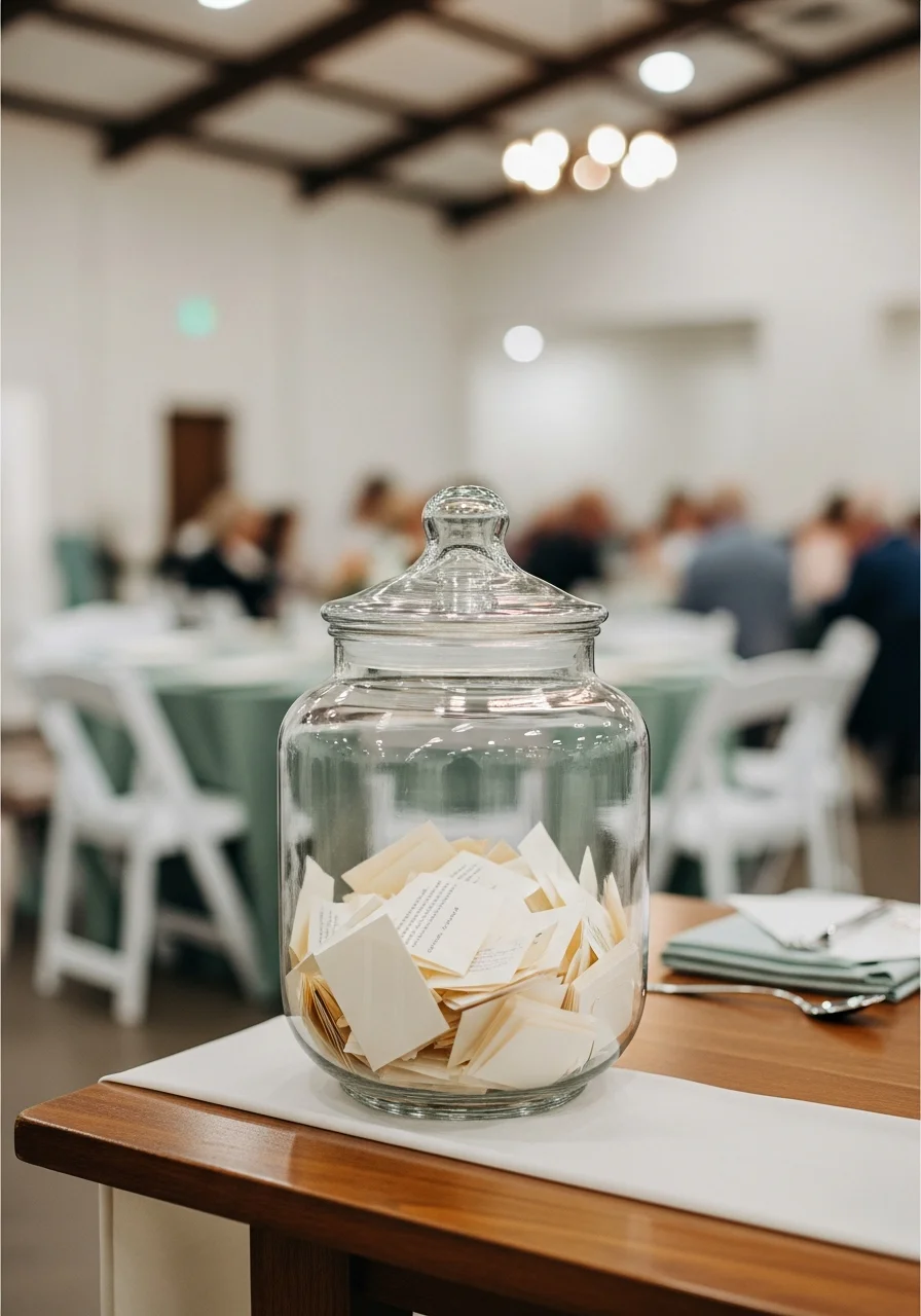 A glass jar containing folded paper slips on a wooden table.