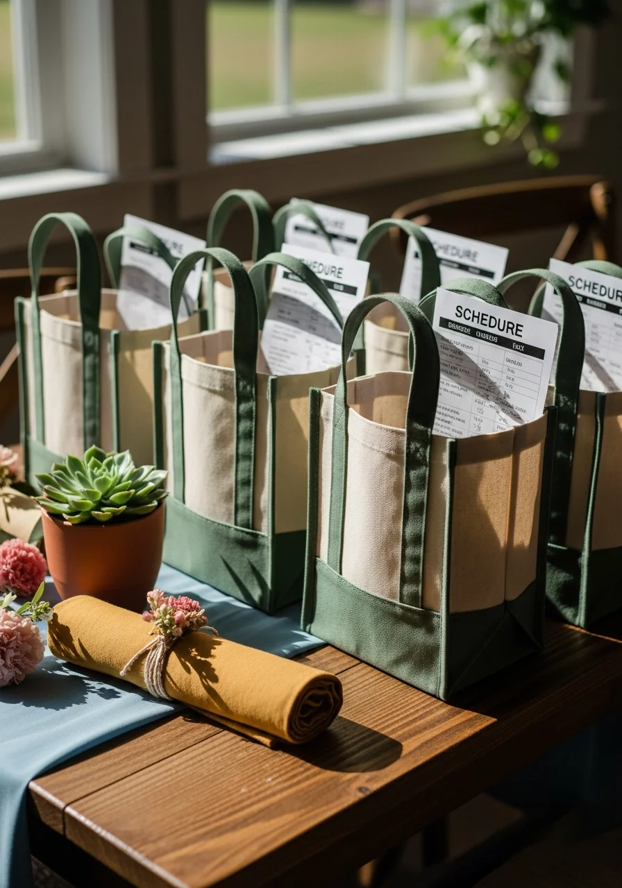 A row of canvas welcome bags with printed schedules for guests.