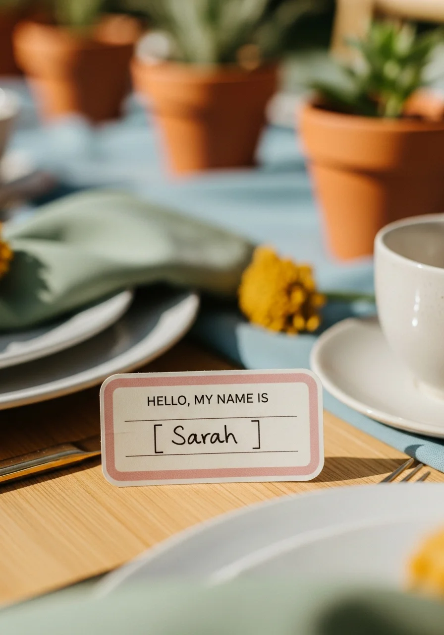 A handwritten name tag with a decorative border on a neutral background.