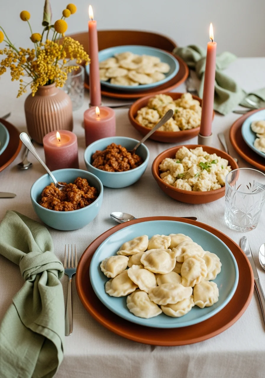 Traditional family dishes served on warm terracotta plates.