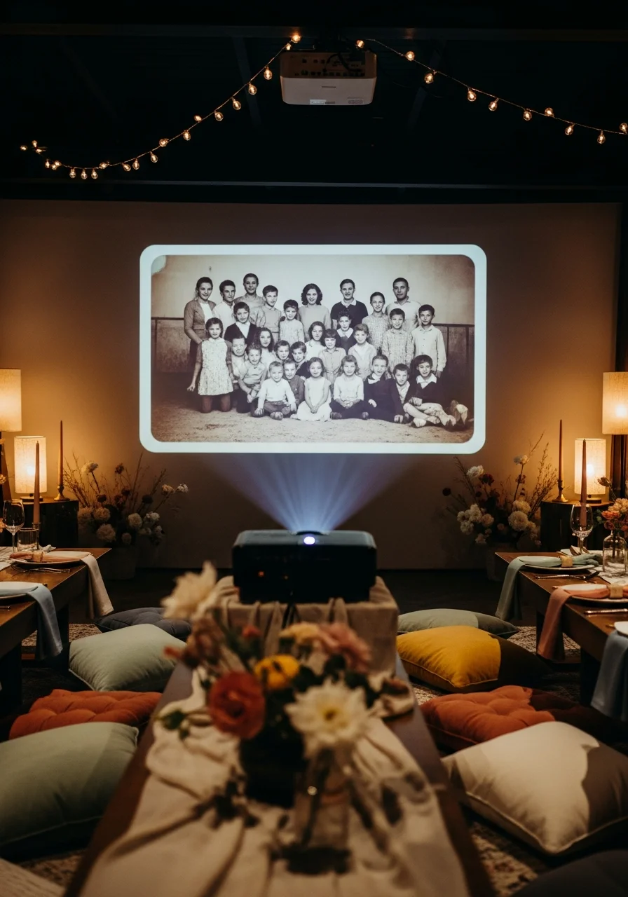 A projector screen in a dark room showing a vintage family photo.