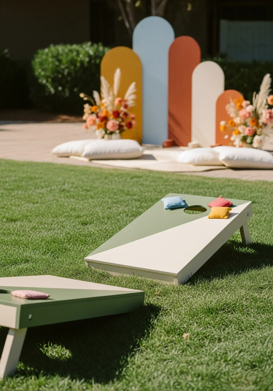 Wooden cornhole boards on a green lawn in the sun.