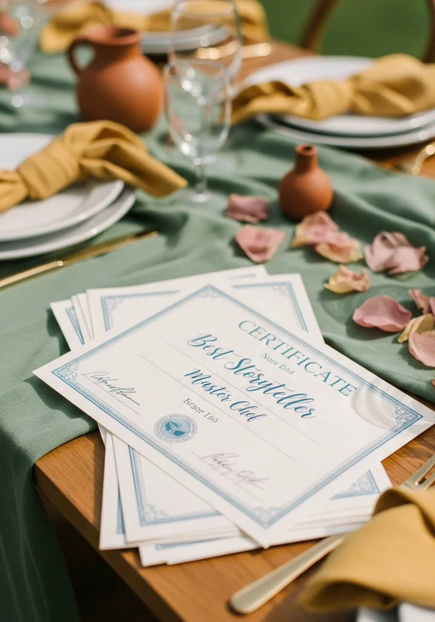 A stack of printed award certificates for a family ceremony.