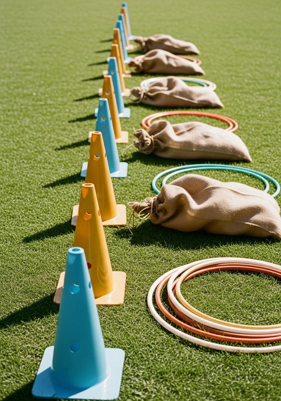 Lawn game equipment including burlap sacks and colorful hoops on a grassy field.