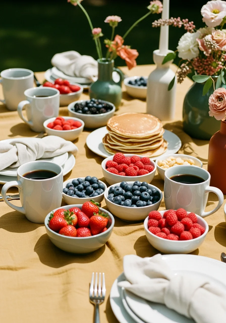 A bright morning brunch spread with pancakes and coffee.