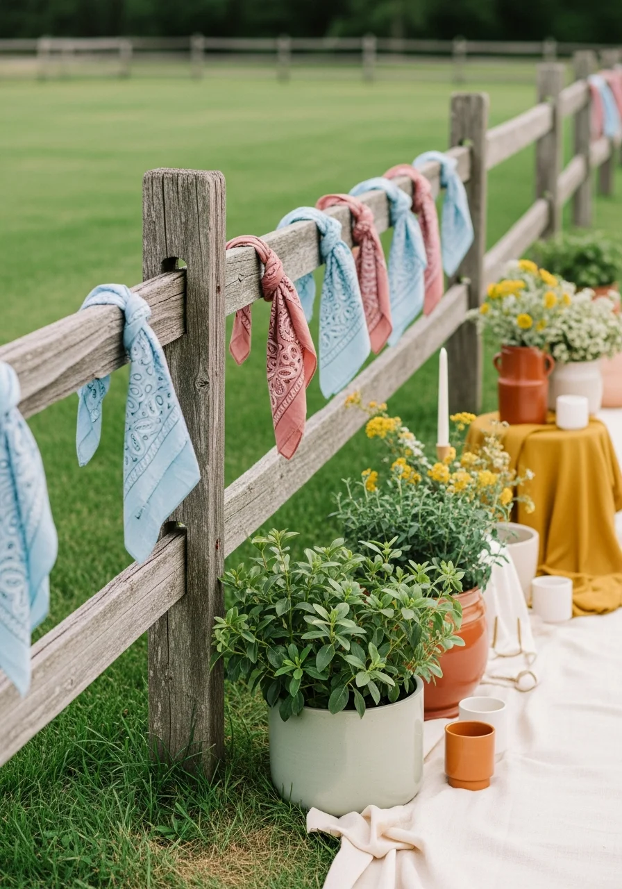 Colored bandanas hanging on a fence post at a park.