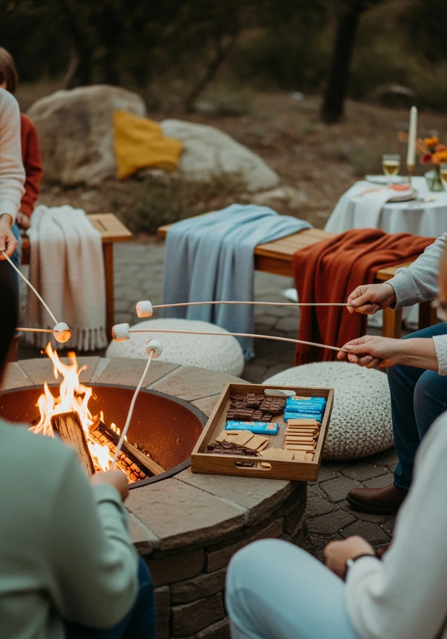 A fire pit at night with marshmallows and s'mores ingredients.