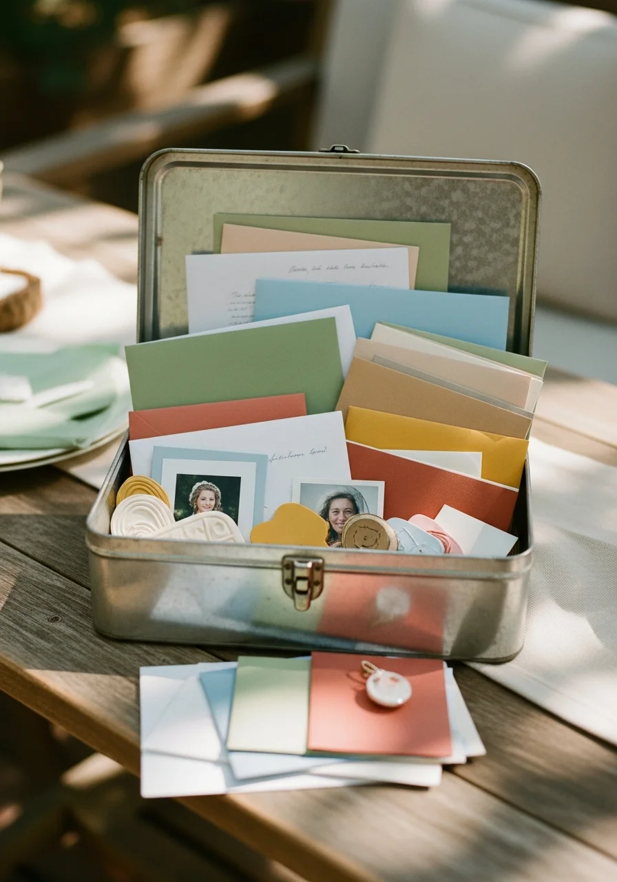 A metal time capsule box being filled with letters and items.