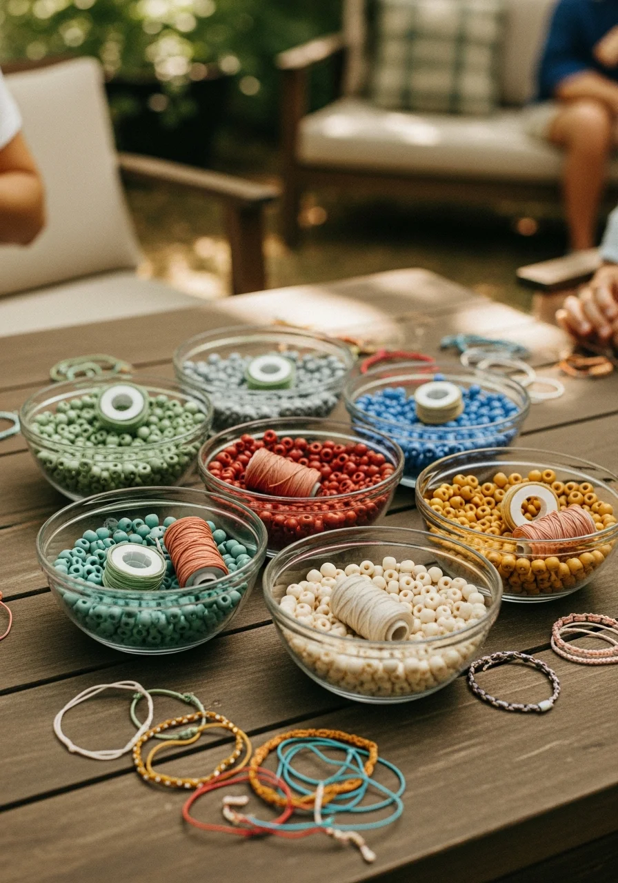 A craft station with beads and string for making bracelets.