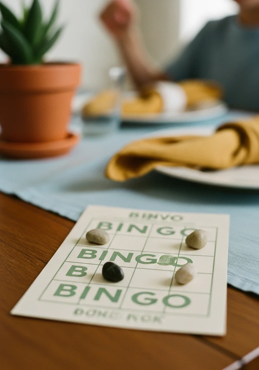 A custom bingo card with family-related squares and stone markers.