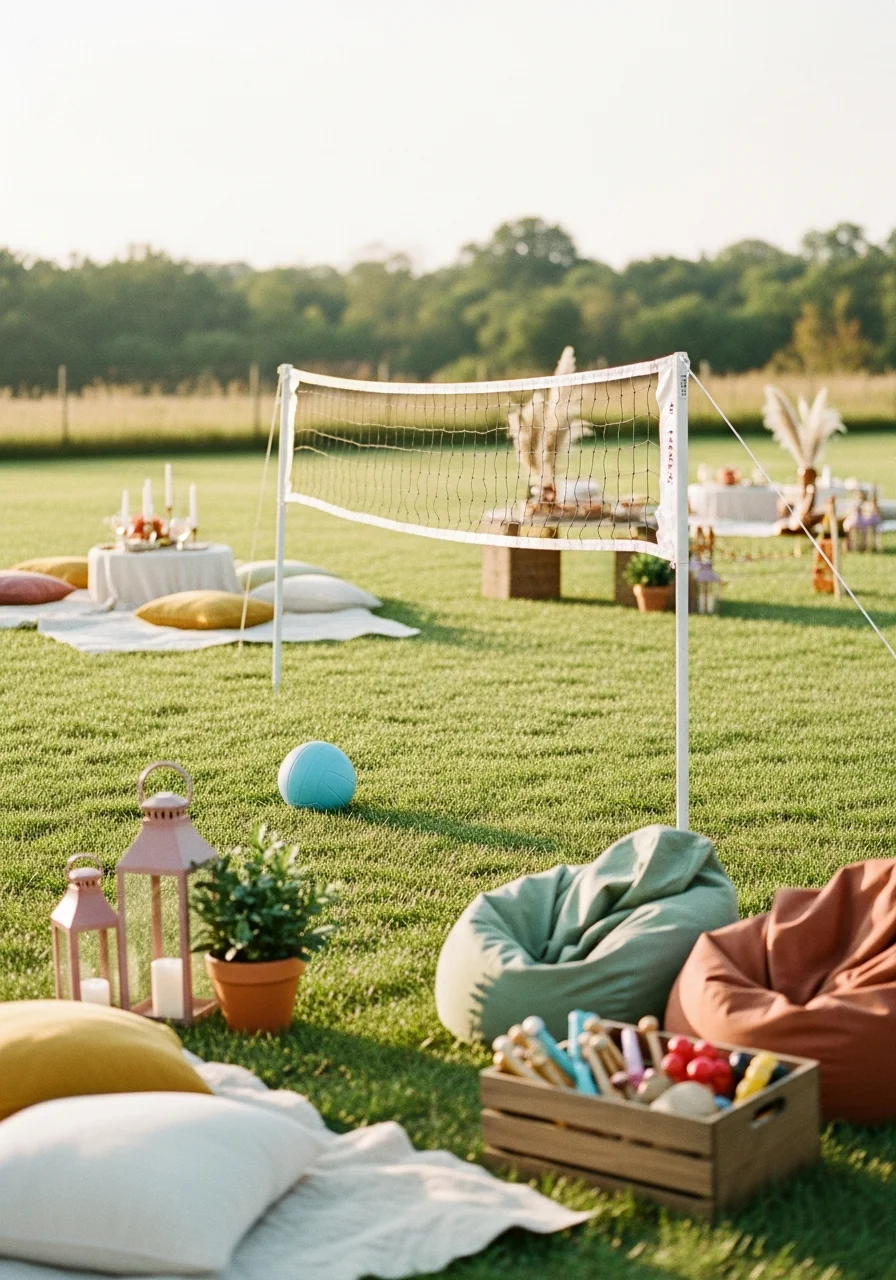 An outdoor volleyball net on a sunny field with a blue ball.
