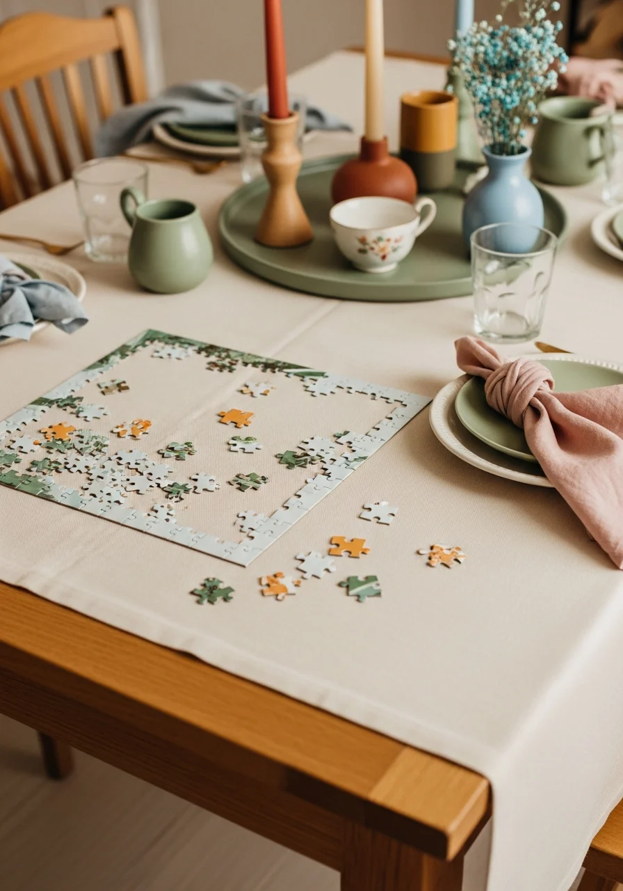A partially finished jigsaw puzzle on a neutral table.