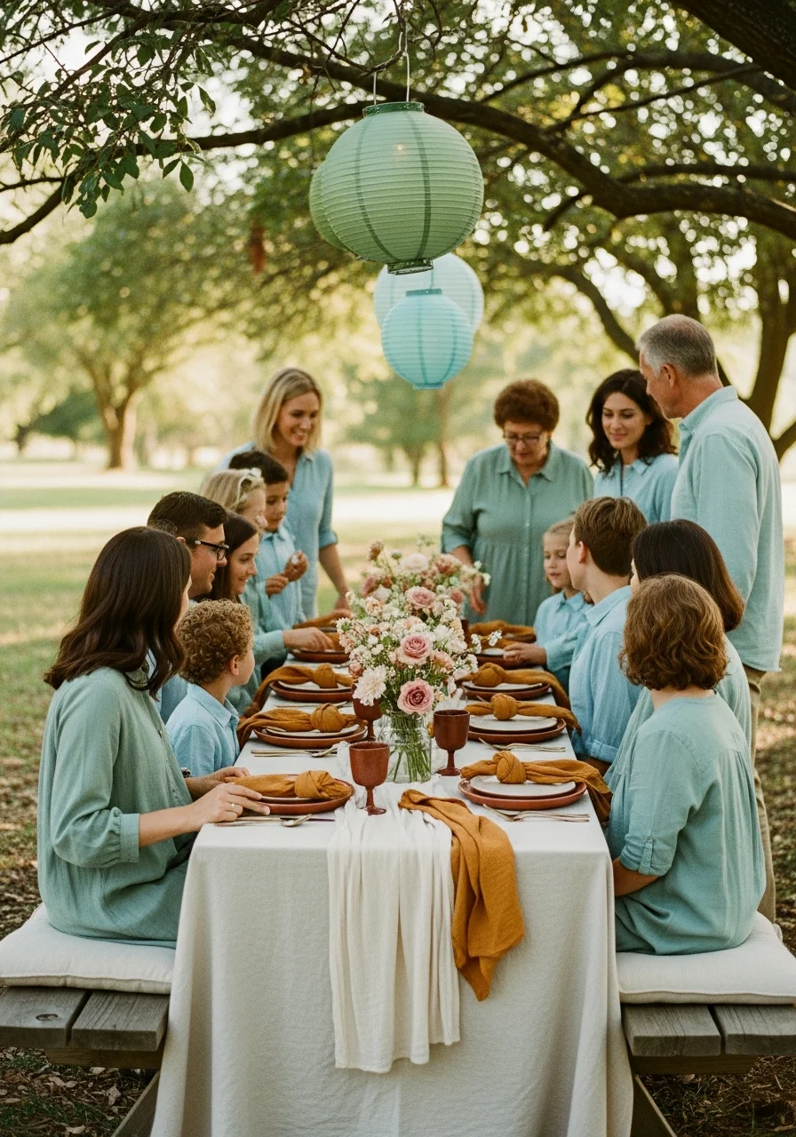 Family members wearing coordinated colors standing in a park.