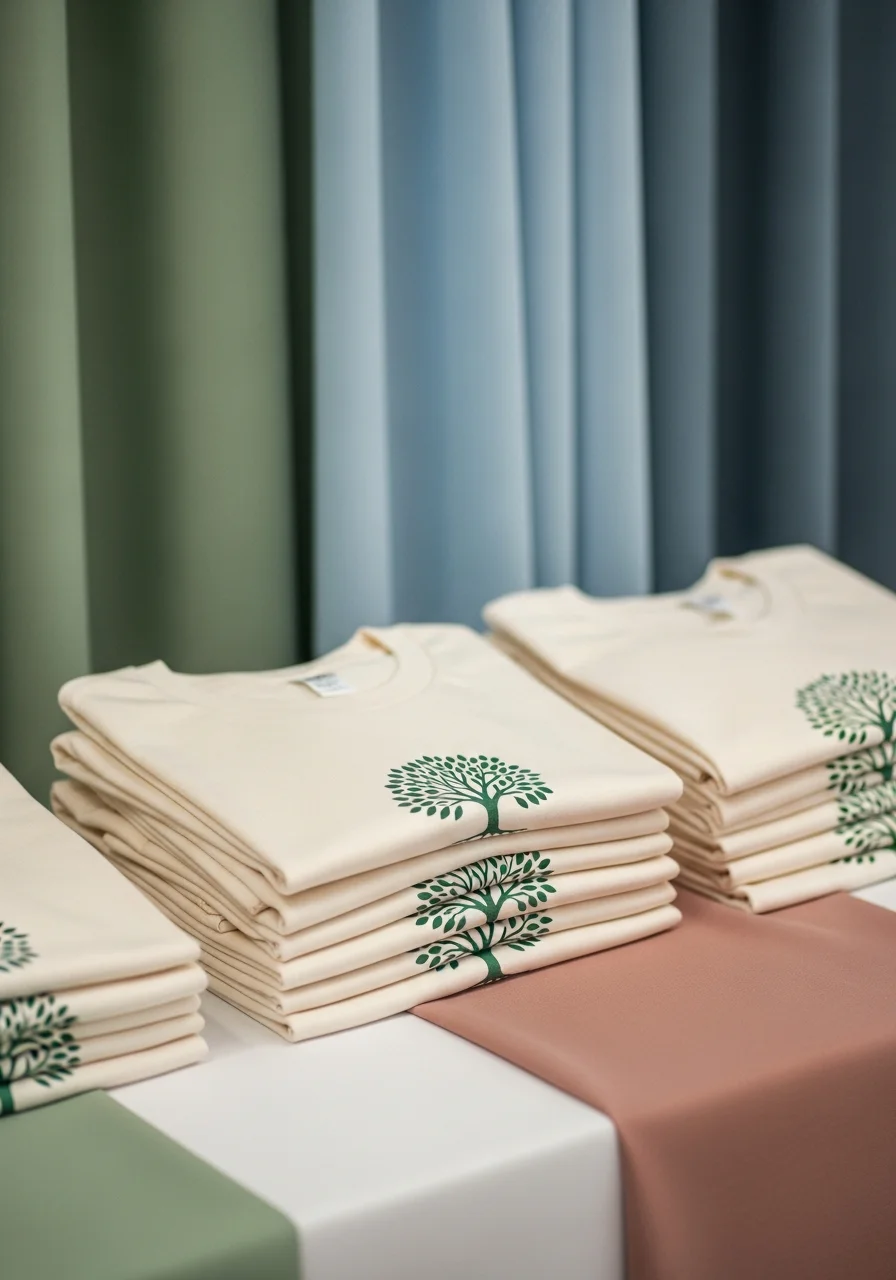 A stack of folded cream t-shirts with a simple family reunion logo.