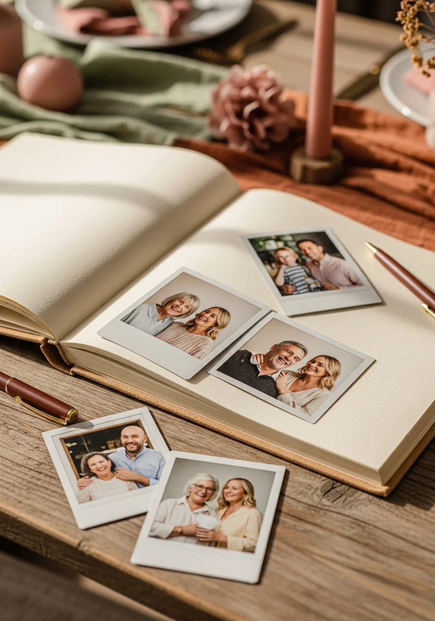 An open scrapbook with instant photos and handwritten notes.