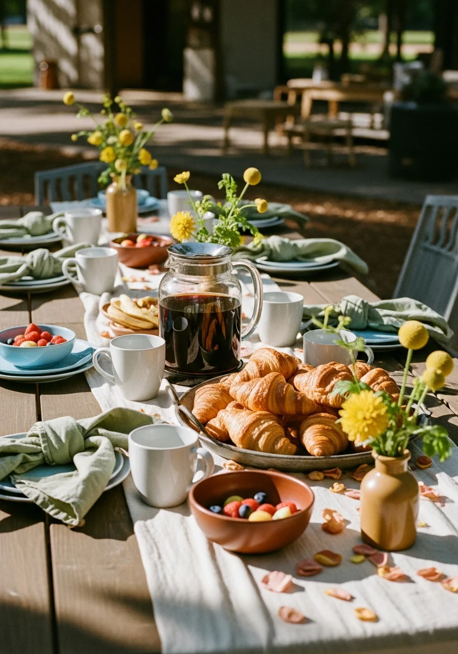 An outdoor breakfast setup with coffee and pastries on a wooden table.