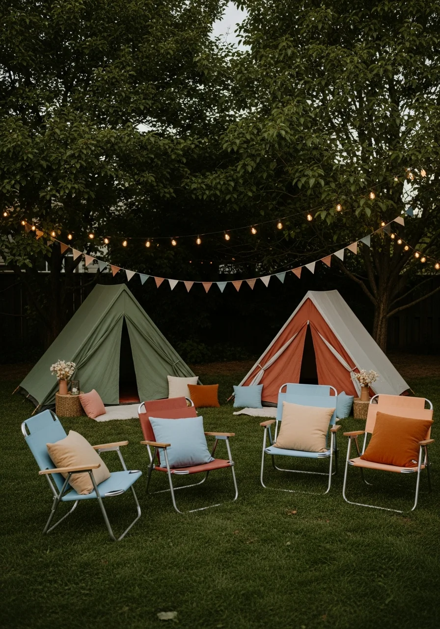 Tents and string lights in a backyard for a camping-in-the-yard night.