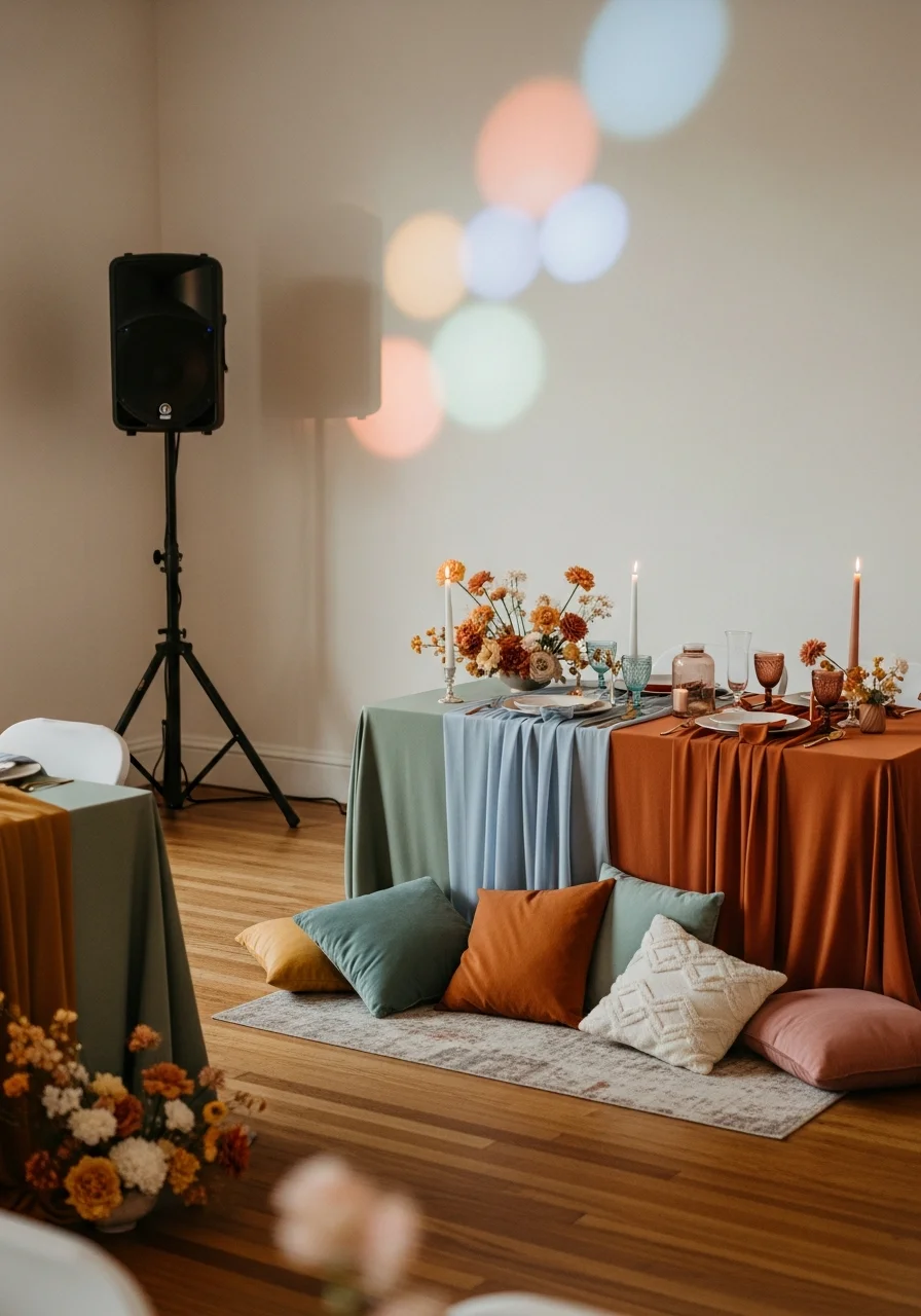 A simple dance floor setup with a speaker and soft lighting.